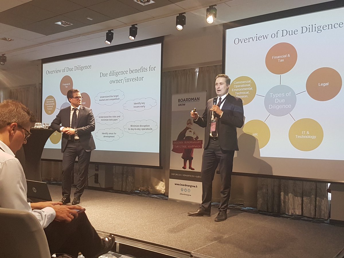 TaruLindeman's tweet photo. "The men in suits" Ahti Koskilahti and Maunu Riipinen from @PwC_Suomi explaining the process, themes and the benefits of Due Diligence @boardmangrow #FinanceBoard #KaaoksestaKasvuun https://t.co/aw1reJB0T2