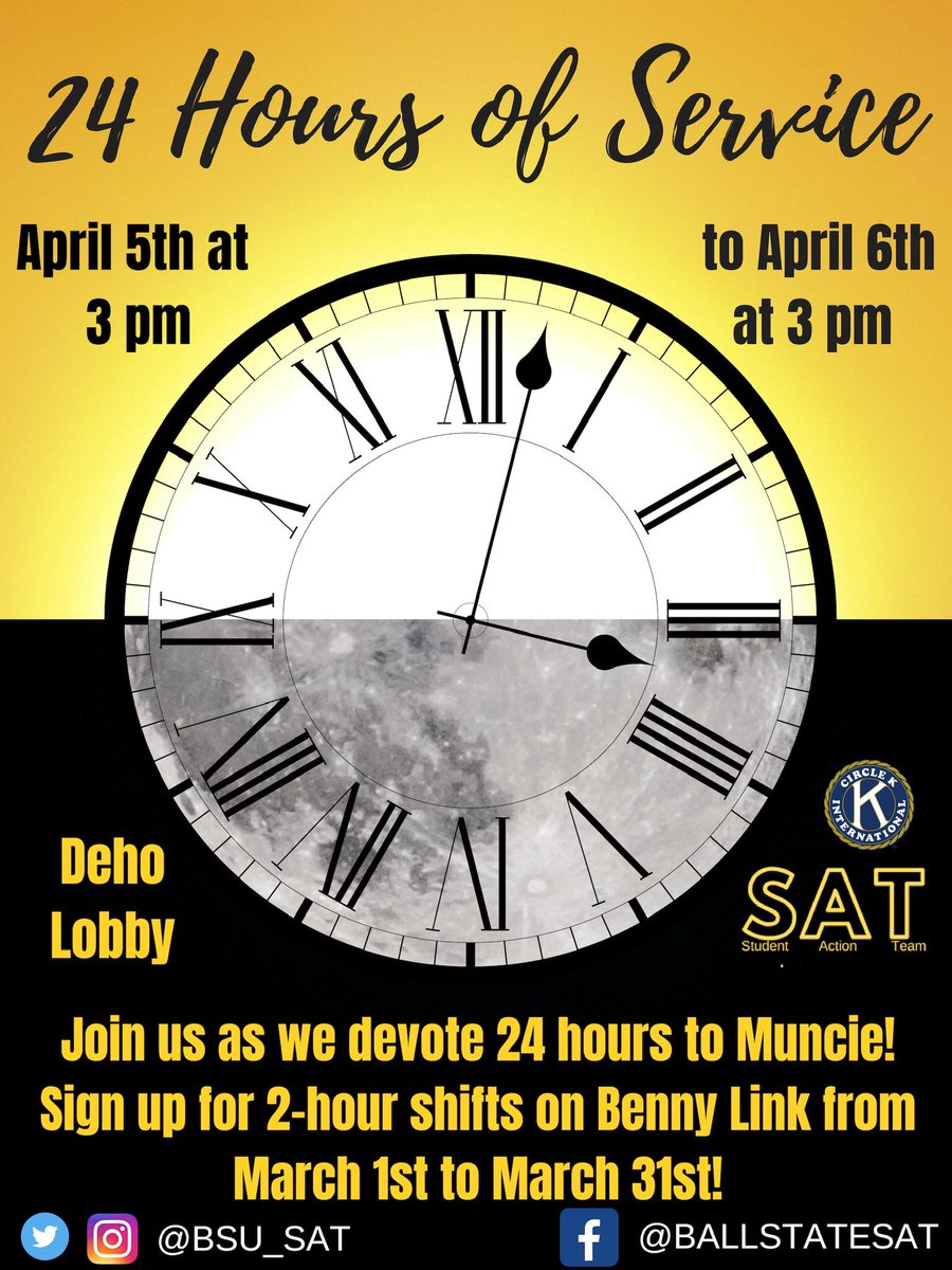 sat_bsu's tweet photo. There are three days left to sign up for 24 Hours of Service! March 31st is the last day to sign up! 24 Hours of Service is April 5th to April 6th from 3pm-3pm in the DeHo Lobby! We hope to see you there! https://t.co/2cuF9Xv6XV