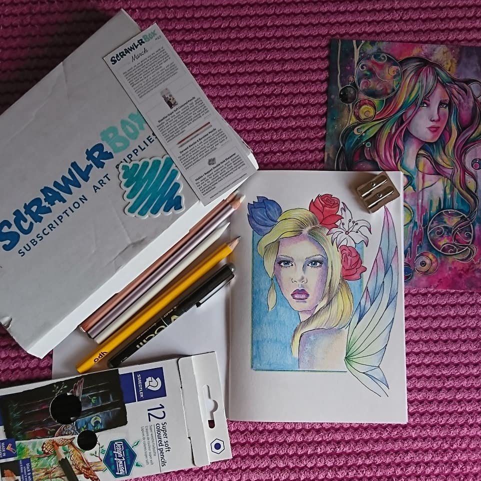 MrsLittlefair's tweet photo. Here's what I did with the March @ScrawlrBox challenge #enchantress.... Really enjoying these little monthly packages of art supplies #art #drawing #artsubscriptions #scrawlrchallenge #scrawlrbox https://t.co/SVdSAZKfC1