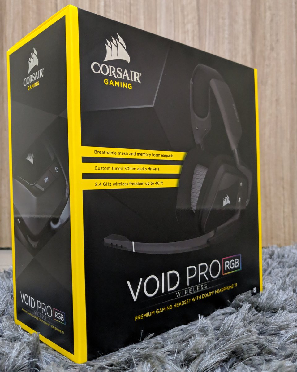 Pwrfanatic's tweet photo. Thank you @CORSAIR for sending in the VOID PRO RGB Wireless Gaming Headset 😍😘😎👍🏼🎮 
Highlight of the Headset is the epic Dolby 7.1 effect. 

#Corsair #VoidPro #Wireless #Dolby #GamingHeadphone #Gamer https://t.co/pptri72poj