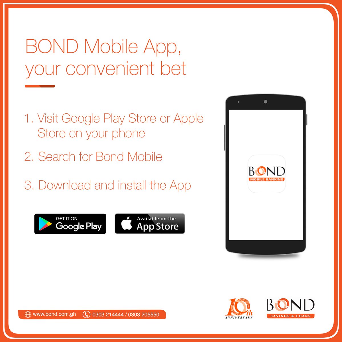 BONDghana's tweet photo. BOND MOBILE APP- YOUR CONVENIENT BET
The time to perform all your banking transactions by a click is NOW.
Download the BOND Mobile App and enjoy convenient banking.
BOND, Your Success, Our Passion. https://t.co/24g8iZ9dNM