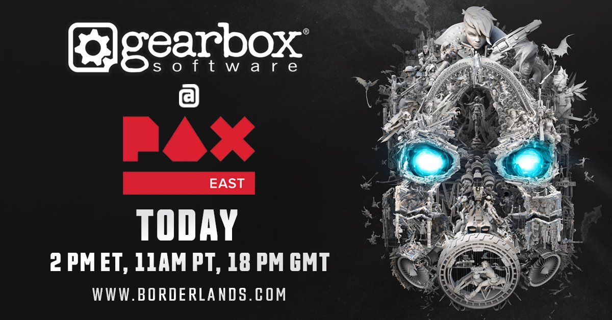 Borderlands's tweet photo. Today's the day you've been waiting for! Watch @GearboxOfficial's #PAXEast Livestream at https://t.co/7iButjDoDj. Spread the word, minions! https://t.co/yv4msDJdle