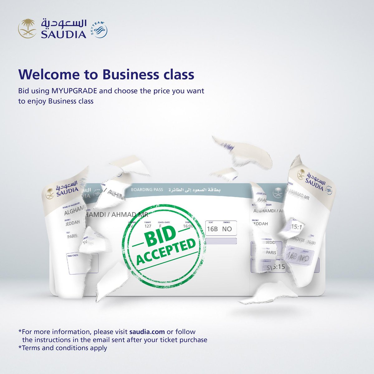 Saudi_Airlines's tweet photo. Welcome to #Business_class
Bid using "MY UPGRADE" and choose the price you want to enjoy Business class
Find more
https://t.co/OYtmYasEdp
#SAUDIA https://t.co/F713oiBsBN