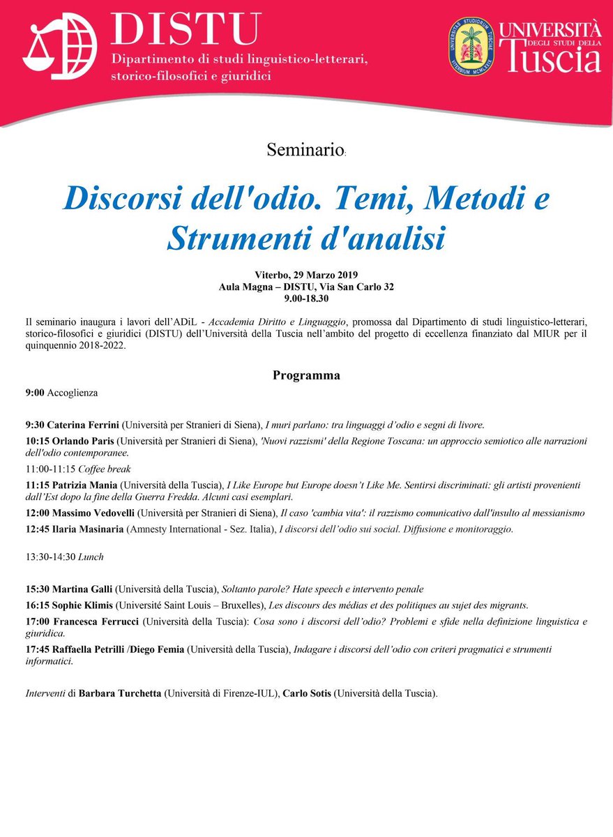 UnitusDistu's tweet photo. Domani si terrà il seminario inaugurale dell'Accademia ADiL del Progetto Eccellenza del dipartimento Distu
👉 Discorsi dell’odio. Temi, Metodi e Strumenti d’analisi.
👉 Viterbo, 29 Marzo 2019, Aula Magna – DISTU, Via San Carlo 32
👉 Dalle ore 9.00 alle ore 18.30
@RaffaellaPetri https://t.co/HpKFIAk7jn