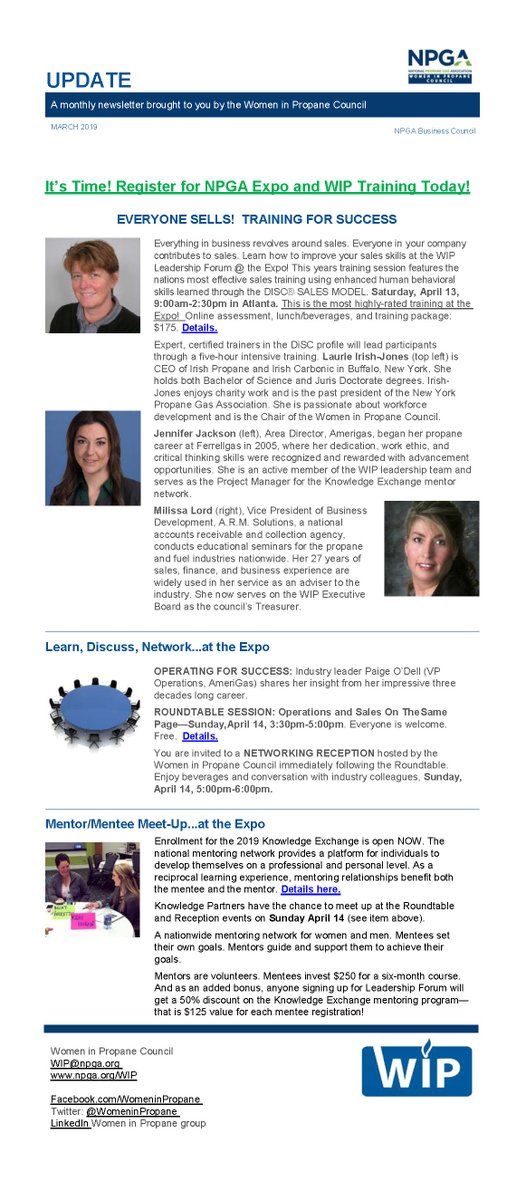 The SE Expo in Atlanta is just over 2 weeks away. If you are attending or thinking of attending, you won't want to miss the Women In Propane sponsored events. Here is our March newsletter detailing those events.