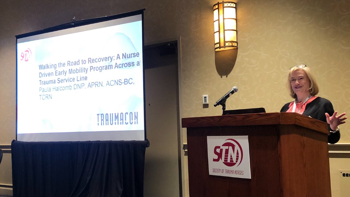 bernardtrauma's tweet photo. @UK_HealthCare Trauma Clinical Nurse Specialist Paula Holcomb discussing challenges of immobility and benefits of a team approach to early mobility @SocTraumaNurses #TraumaCon19 https://t.co/o3vwqa0onv