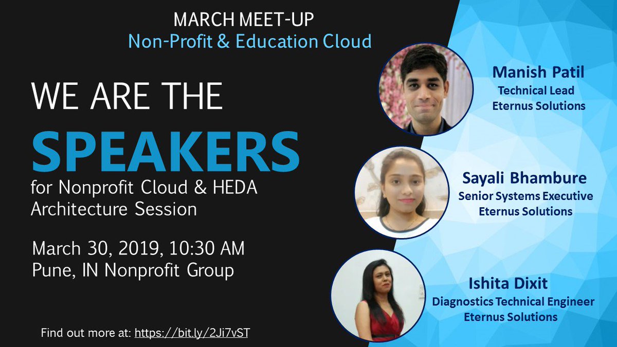 March Meet-Up- Non-Profit and Education Cloud!
Join our speakers Manish Patil Ishita Dixit &amp; Sayali Bhambure this 30th to learn about Non-Profit Cloud &amp; HEDA Architecture Session.
Learn more: bit.ly/2Ji7vST 
#nonprofit #speaker #meetup #HEDA #architecture #education
