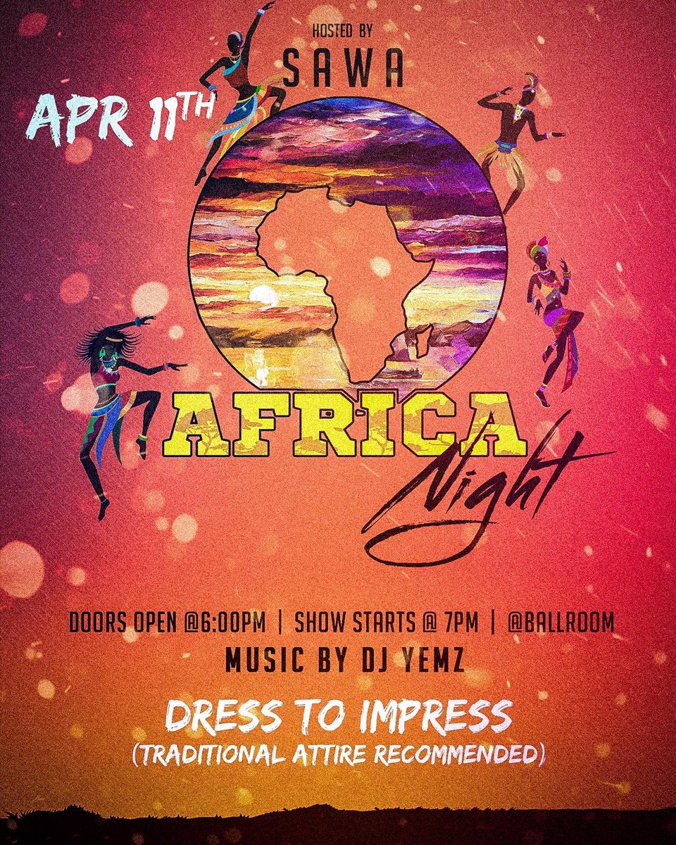 URI_SAWA's tweet photo. Africa Night is our annual banquet, where we invite you to dress to impress and push our African culture. You can wear your traditional African clothing, or anything formal. It is a FREE event! Doors open at 6! It will be in the Ballroom. We urge you to RSVP now. 💌 https://t.co/uuGoXSuSxS