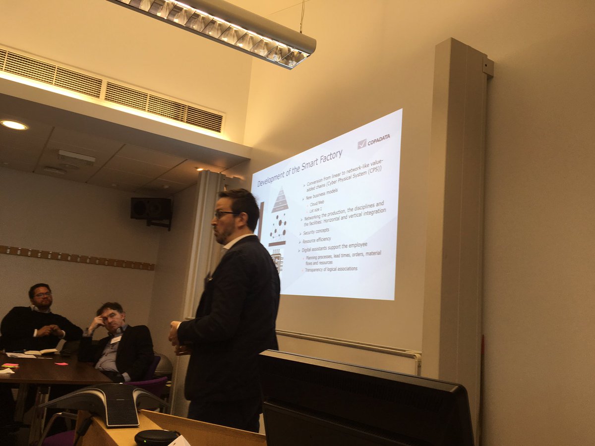 IPO_Econ's tweet photo. What does AI mean for the future of manufacturing? Lee Sullivan from @copadata talking about using data in smart factories @CardiffUniDII @The_IPO #ipfutures #ipresearch https://t.co/urrOc7KNvy