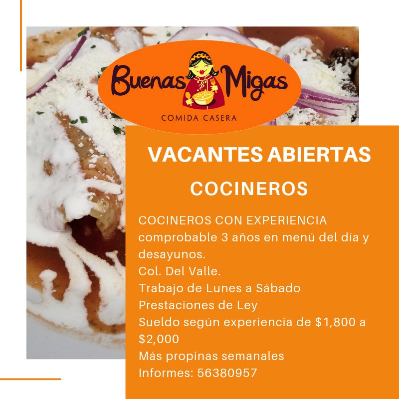 Buenas Migas Df A Twitter Vacantes Abiertas Cocineros Y Ayudantes De Cocina Estamos Recibiendo Solicitudes En Nicolas San Juan 251 Esquina La Morena Col Del Valle Cdmx De Lunes A Viernes De