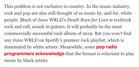 An overlooked part of this Rolling Stone piece about Lil Nas X on the country charts is that Juice WRLD is also being shut out of the rock world, despite fitting the "sound" pretty well. Meanwhile pop songs with trap drums by Bastille &amp; Panic At The Disco get heavy rock rotation?