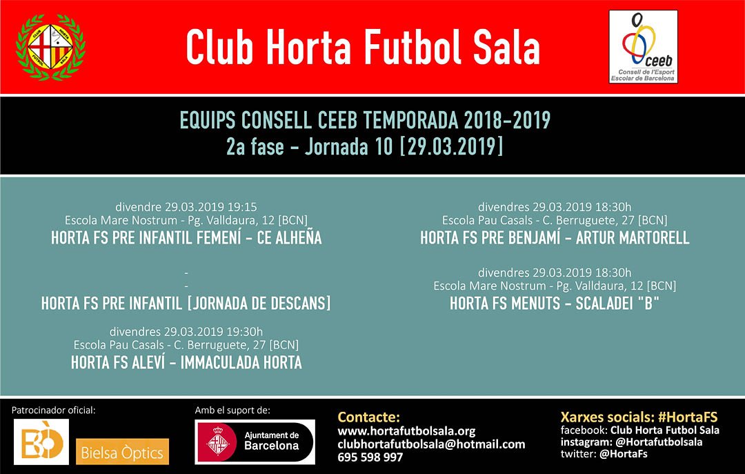 HortaFS's tweet photo. Horaris dels equips del #CEEB d'aquest divendres i on juguen tots els equips com a locals. 
#HortaFS #Horta #Futbolsala https://t.co/IInkQRmVdE