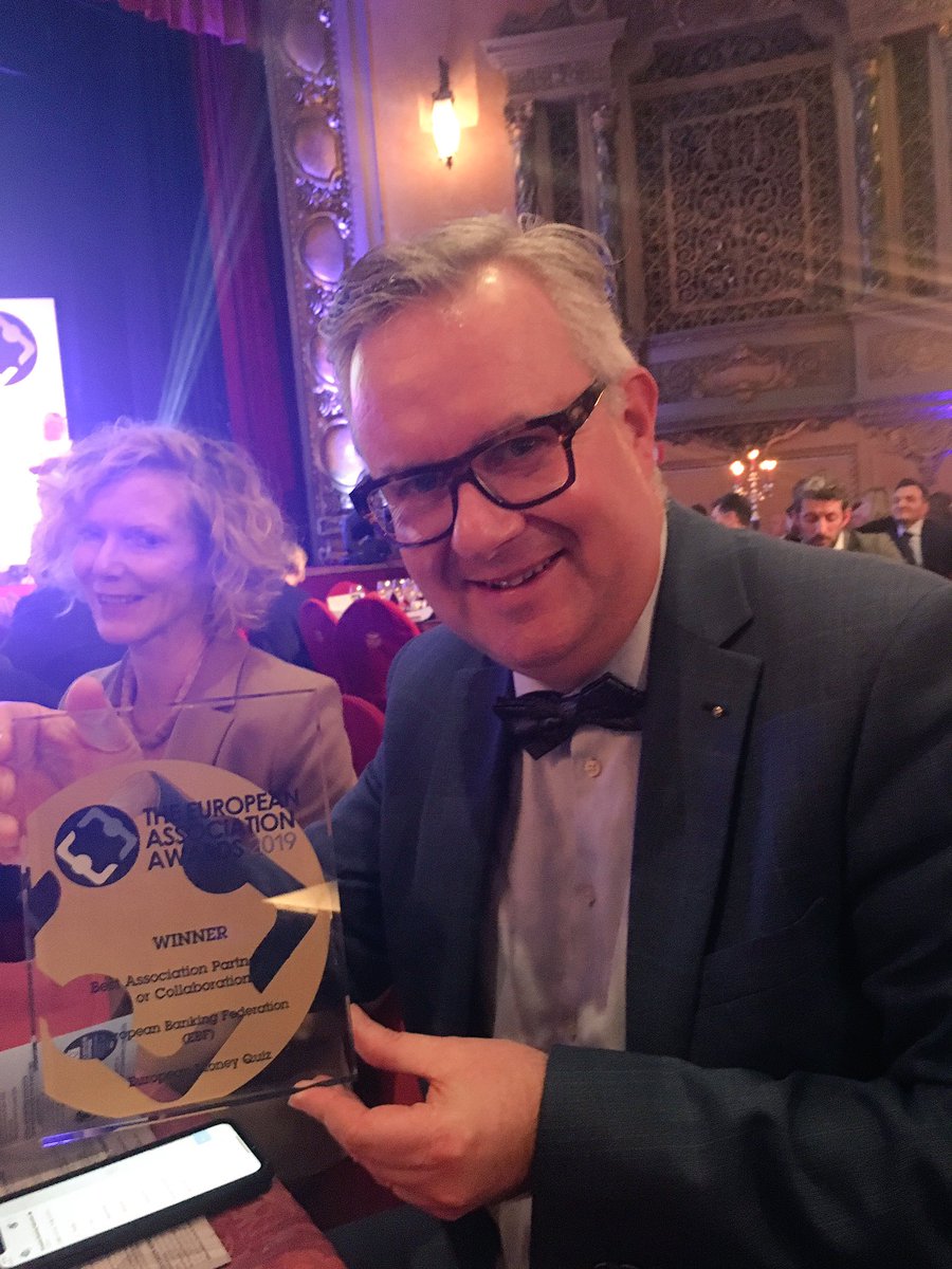 SECNewgateEU's tweet photo. Congrats to @EBFeu & @RaymondFrenken for winning Best Association Partnership or Collaboration @ #EAA19! It was amazing working with you on #EMW18 & good luck on European Money Week 2019! #EMW2019 https://t.co/qBkc1DKoqT