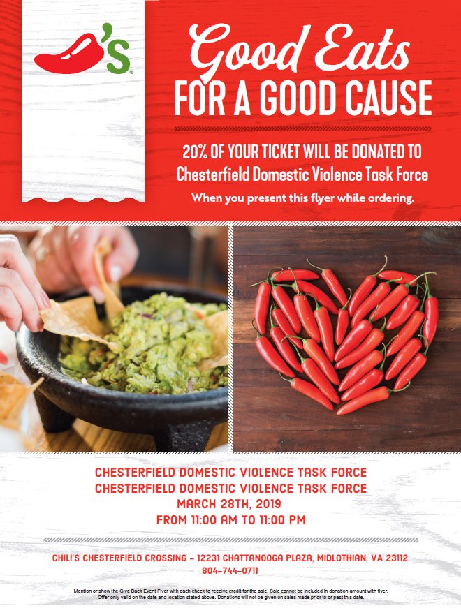 Today! Work lunch, date night, guys' night or girls' night....whatever the occasion, come out between 11 and 11 today to benefit the #chesterfielddomesticviolencetaskforce. <a href="/Chilis/">Chili's Grill & Bar</a>