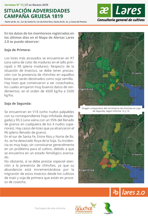 LaresSRL1's tweet photo. #InformeLares: en la etapa final de la campaña seguimos prestando atención a los monitoreos. En particular en #soja de 2da: en varios casos hay presencia de #chinches por la migración de estos desde lotes de #maíz y soja de 1era q se están cosechando. Mirá el reporte completo 👇 https://t.co/BBb2Wnt4iv