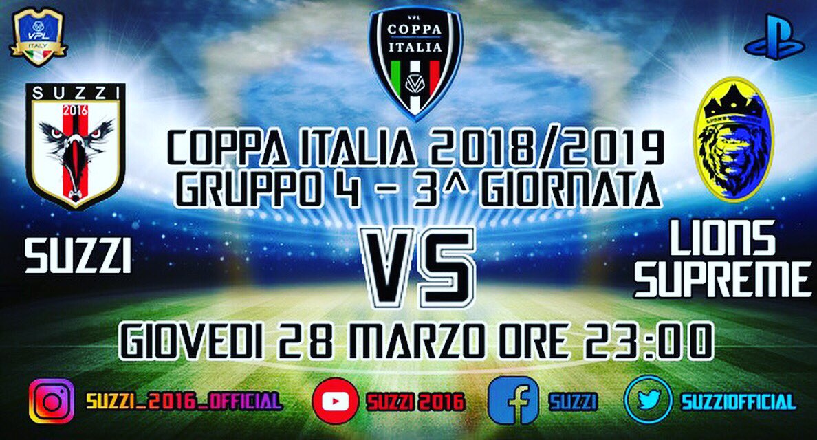 OfficialSuzzi's tweet image. Questa sera alle ore 23:00 i #Suzzi scendono in campo contro i @lions_supreme per la 3ª giornata di Coppa Italia di @VPLItaly Affronteremo una squadra che conosciamo molto bene, molte sono state le sfide tra le due compagini. Lotteremo per i primi 3 punti.
( Grafica by @simo_c4 )