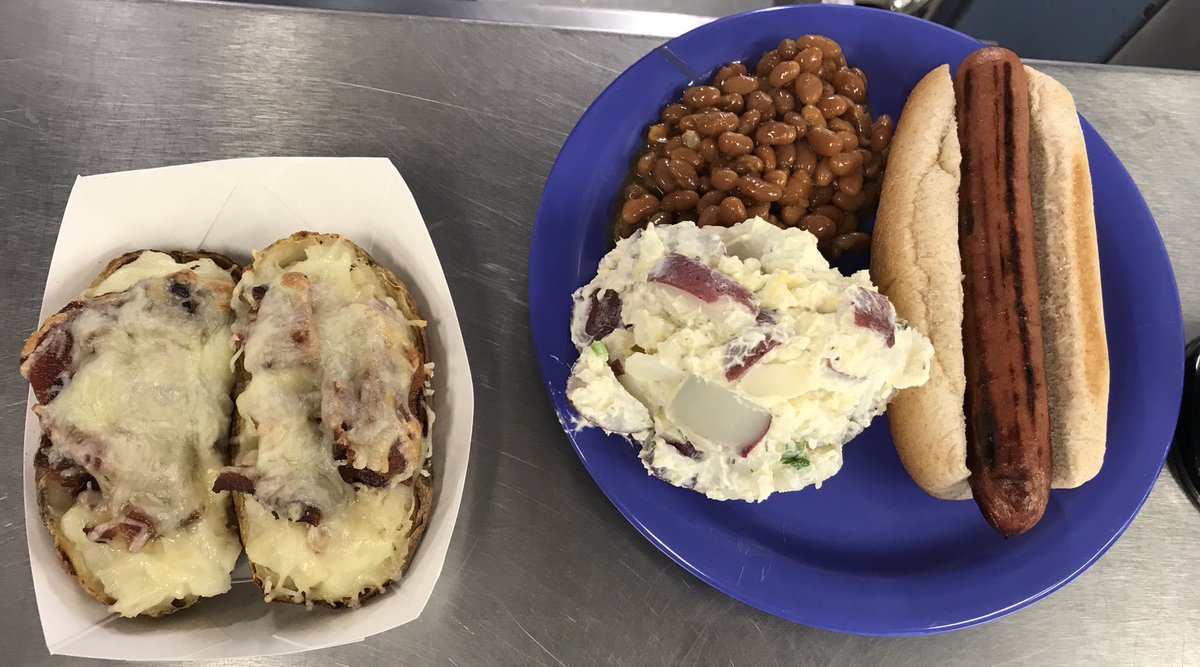 BistroU32's tweet photo. Today’s lunch is hot dogs with potato salad and beans. As well as twice baked potatoes with bacon!! https://t.co/XBNpDIOcZg
