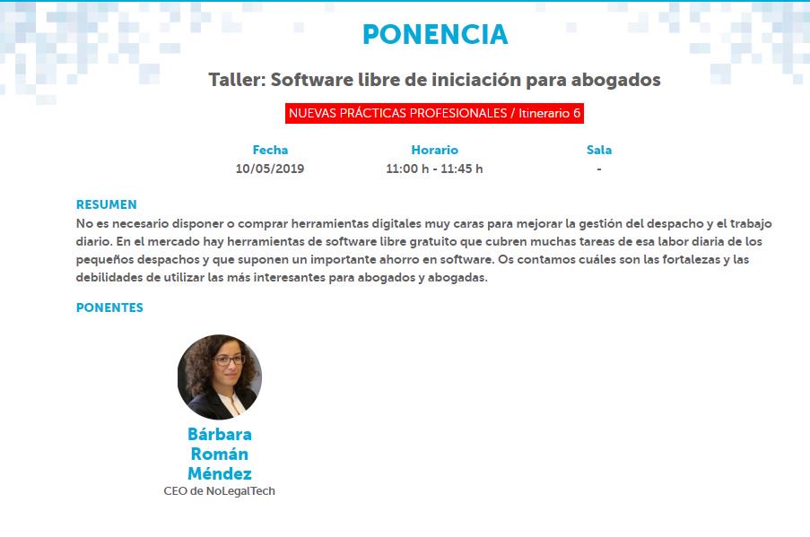 ¿Sabes que en #AbogacíaTransforma2019 también tendremos talleres? 🗓️10 de mayo ➡️Taller: Software libre de iniciación para abogados. Con Bárbara Román @nolegaltech ow.ly/mAJp30oebd6