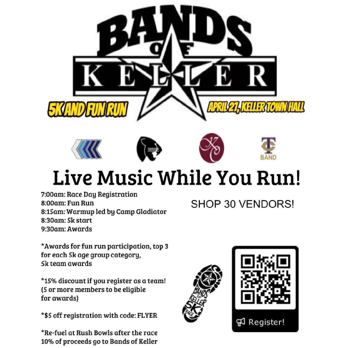 bandsofkeller5k's tweet photo. Scan our flyer for $5 off registration! Race day is 30 days away! This is not your average 5k with music every step of the way! Come support the #bandsofkeller ! https://t.co/IgW5ql5ima