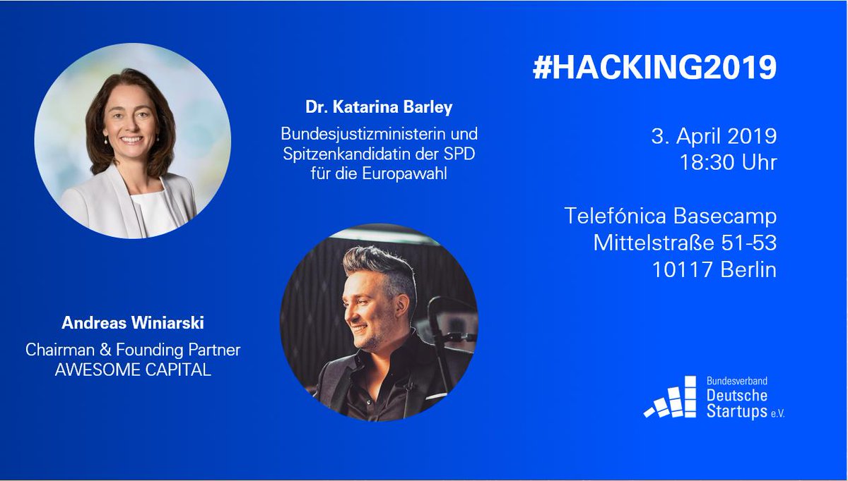 StartupVerband's tweet photo. Am 3.4 wird @katarinabarley bei #hacking2019 nicht nur ihre Startup-Vision von Europa pitchen, sie stellt sich auch einem Q&amp;A mit @andwin_official. Das verspricht kurzweilig zu werden! Kommt vorbei und stellt ihr ebenfalls eure Fragen! RSVP: https://t.co/Yii5DyhAKB https://t.co/L4D2woDOF4