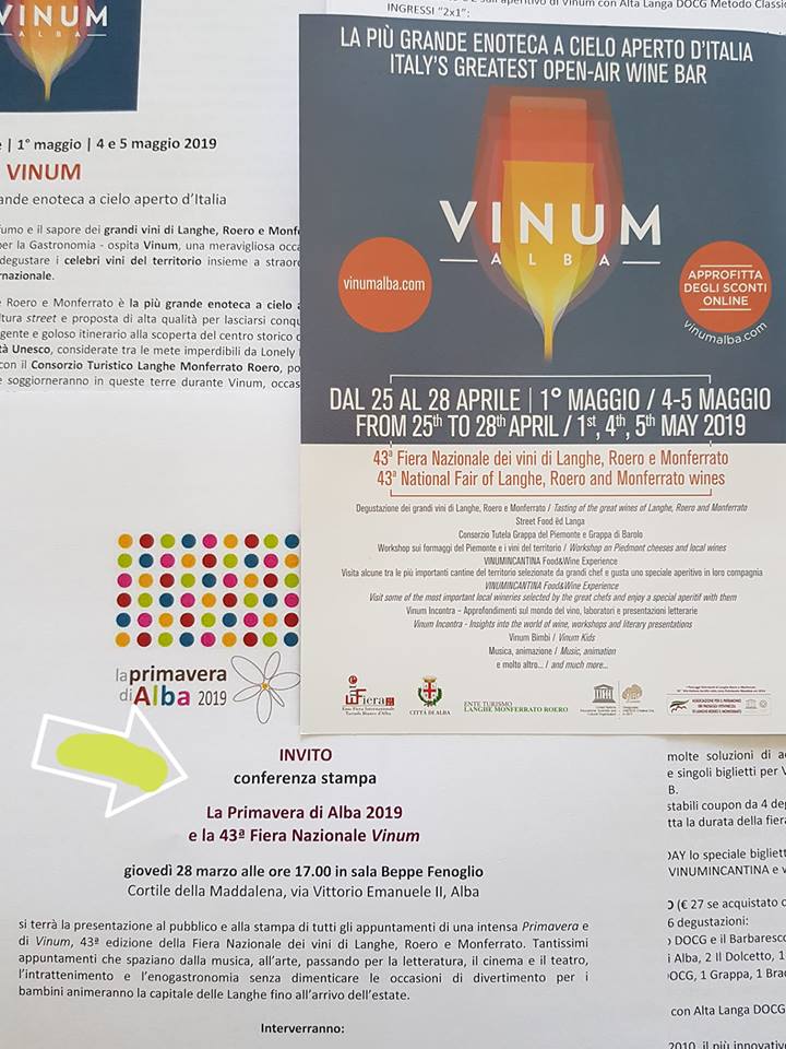 Non perderti l'occasione di scoprire tutti gli eventi della Primavera di Alba e di Vinum. Ti aspettiamo oggi in Sala Beppe Fenoglio - Cortile della Maddalena alle h 17. Per info relative alla più grande enoteca a cielo aperto d'Italia visita il sito: vinumalba.com.