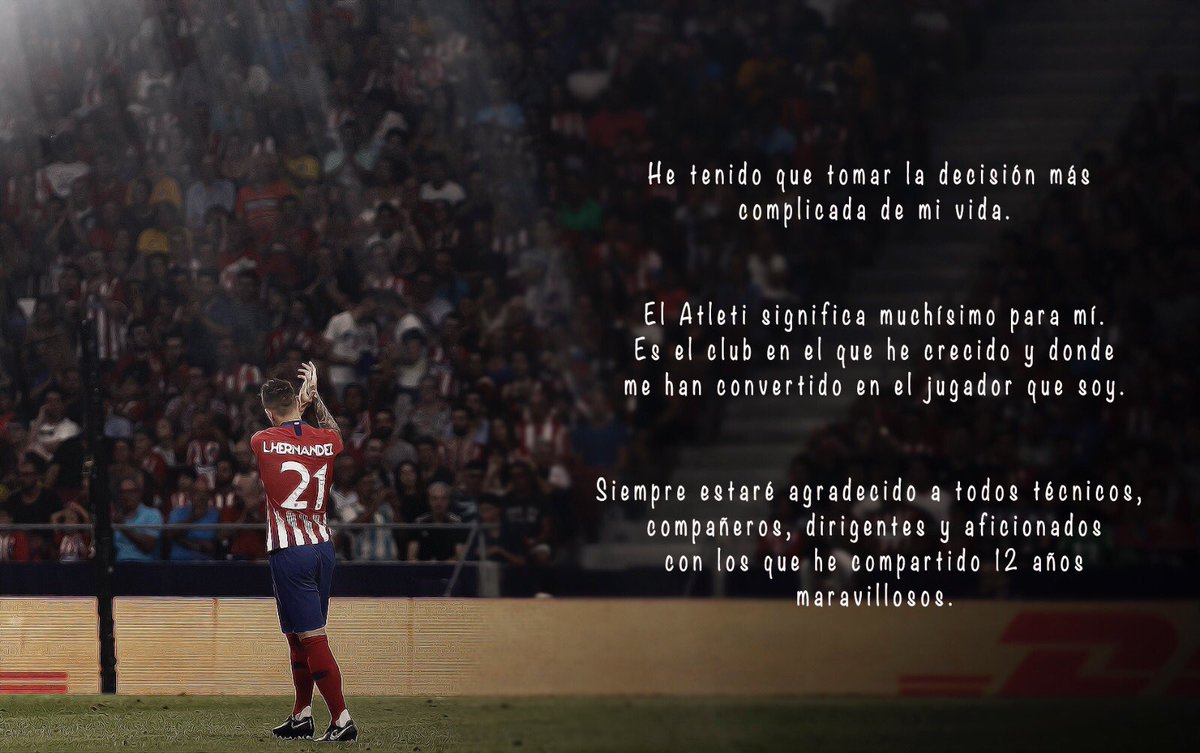LucasHernandez's tweet photo. Una decepción para muchos de vosotros y difícil de entender pero se trata de una decisión muy meditada y considerando lo mejor para mi familia y para mí. Esté donde esté siempre será mi grito: ¡Aúpa @Atleti! https://t.co/MErTRNv813