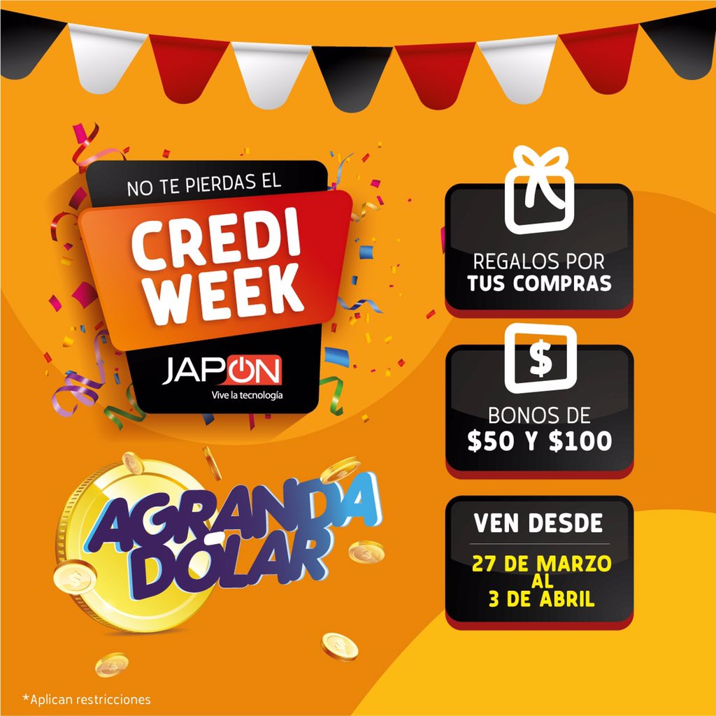 Almacenes_Japon's tweet photo. 🎈LLEGÓ : LLEGÓ : LLEGÓ 🎉
Está aquí el #Crediweek 🤩. Aplica a crédito directo sólo con 👉🏻 tu cédula 👈🏻y agranda tus compras +$1 a tus cuotas 🙌🏻.
*Aplica restricciones. https://t.co/DIlRkmrdgr