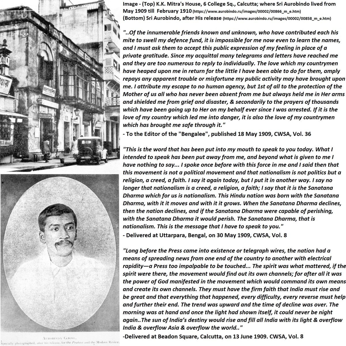 51) Speeches at Uttarpara & Calcutta:After His release,  #SriAurobindo moved to His maternal uncle's house. For the love that India poured on Him, He wrote an open letter to express His gratitude.In May-Jun 1909, He gave two momentous speeches, at Uttarpara & at Beadon Square: