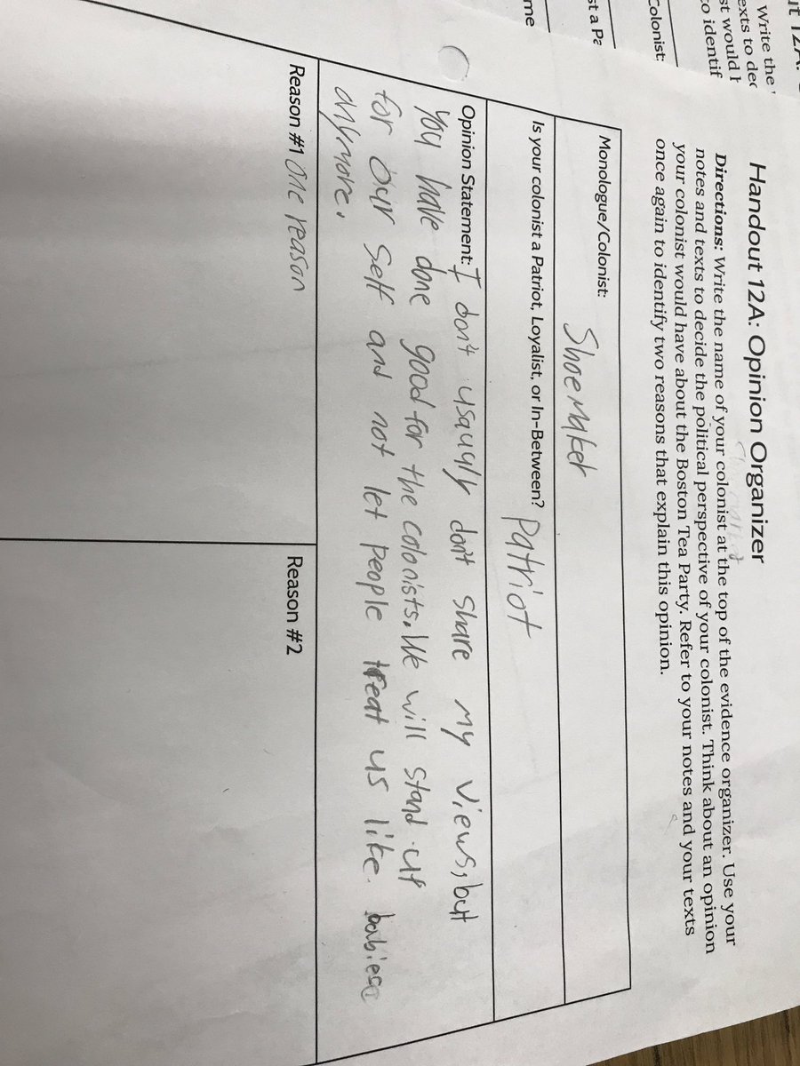 MsDowningsClass's tweet photo. Planning our opinion letters to the Sons of Liberty about the Boston Tea  Party, and Victor really dug into his character to craft an amazing opinion statement!#MightyBears @GreatMindsEd #ilovethesekids https://t.co/xsN2VyDvxL