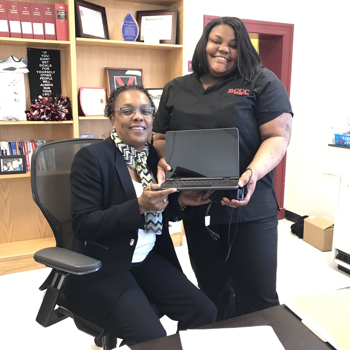Renaissance433's tweet photo. Congratulations to Nakiyah for being the first senior scholar to receive her take home laptop. #BeginYourQuest #Chromebook #QuestForLearning #RenaissanceStrong https://t.co/cMBU0xH8BN
