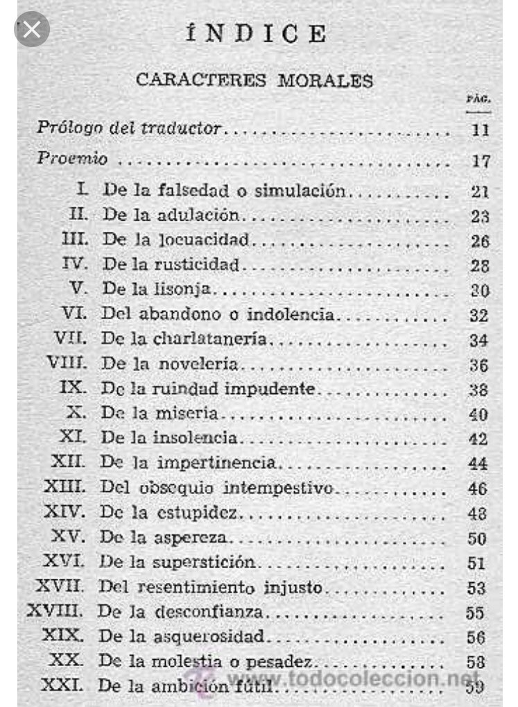 Moncadatzin's tweet image. Cómo antecedente valdría la pena remitir precisamente a la obra de Teofrasto, quien establece treinta caracteres morales (aunque hay evidencia de que tenía otros tantos contemplados), que bien valen como material de apoyo para cualquier comediógrafo actual. #Lessing2019 #Cap86
