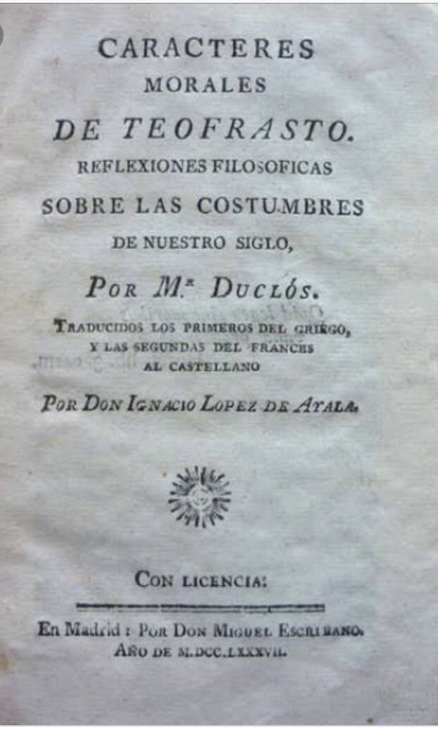 Moncadatzin's tweet image. Cómo antecedente valdría la pena remitir precisamente a la obra de Teofrasto, quien establece treinta caracteres morales (aunque hay evidencia de que tenía otros tantos contemplados), que bien valen como material de apoyo para cualquier comediógrafo actual. #Lessing2019 #Cap86