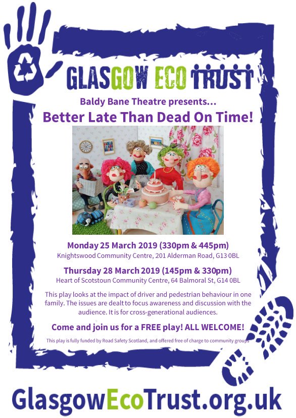 GlasgowEcoTrust's tweet photo. A big THANK YOU to @StBrendansYoker @CorpusChristi_K @KnightswoodSec @WhiteinchPri @GlasgowNWPolice and everyone else for coming along to @baldy_bane Better Late Than Dead On Time #RoadSafety play! Next show at 330pm @RoadSafetyScot Did you learn something new? #SaferSchoolRun https://t.co/lTkngbMM0I