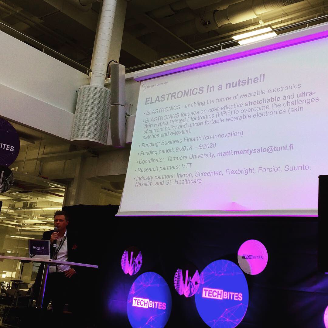 UpgradedFi's tweet photo. Did you know that in the future #wearables will have flexible, strechable, even energy-autonomous electronics? 😳 Today in #techbitesTRE the topic was #elastronics, which is a research project in @TampereUni with @BusinessFinland @VTTFinland @GEHealthcare 
https://t.co/1oVkHP6DDw https://t.co/RINdlfcZVC