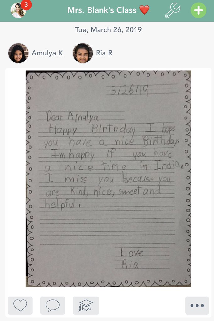 MrsBlank1st's tweet photo. This is why I love @Seesaw! One of my first graders is in India for the month and we were still able to wish her happy birthday. #firstgrade #bbengaged https://t.co/WfRIfOZV1P