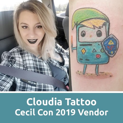 CecilCon_2019's tweet photo. Cloudia is a local tattoo artist and painter who is new to the Cecil Con Vendor Hall. Stop by her booth to see her portfolio and maybe book your next tattoo appointment while you're there! #cecilcon #cecilcon2019 #vendorhall #tattoo #tattoos #tattooartist #bmo #adventuretime https://t.co/8L2u731HcQ