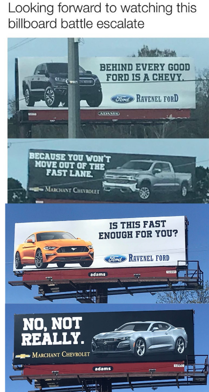 ChevyMarchant's tweet photo. Our enemy has thrown a decisive blow, but fortunately WE ARE MIGHTY! The billboard war in Ravenel RAGES on! #teammarchantchevy @MensHumor #chs #charleston #ThursdayThoughts https://t.co/v1xlxg38JZ