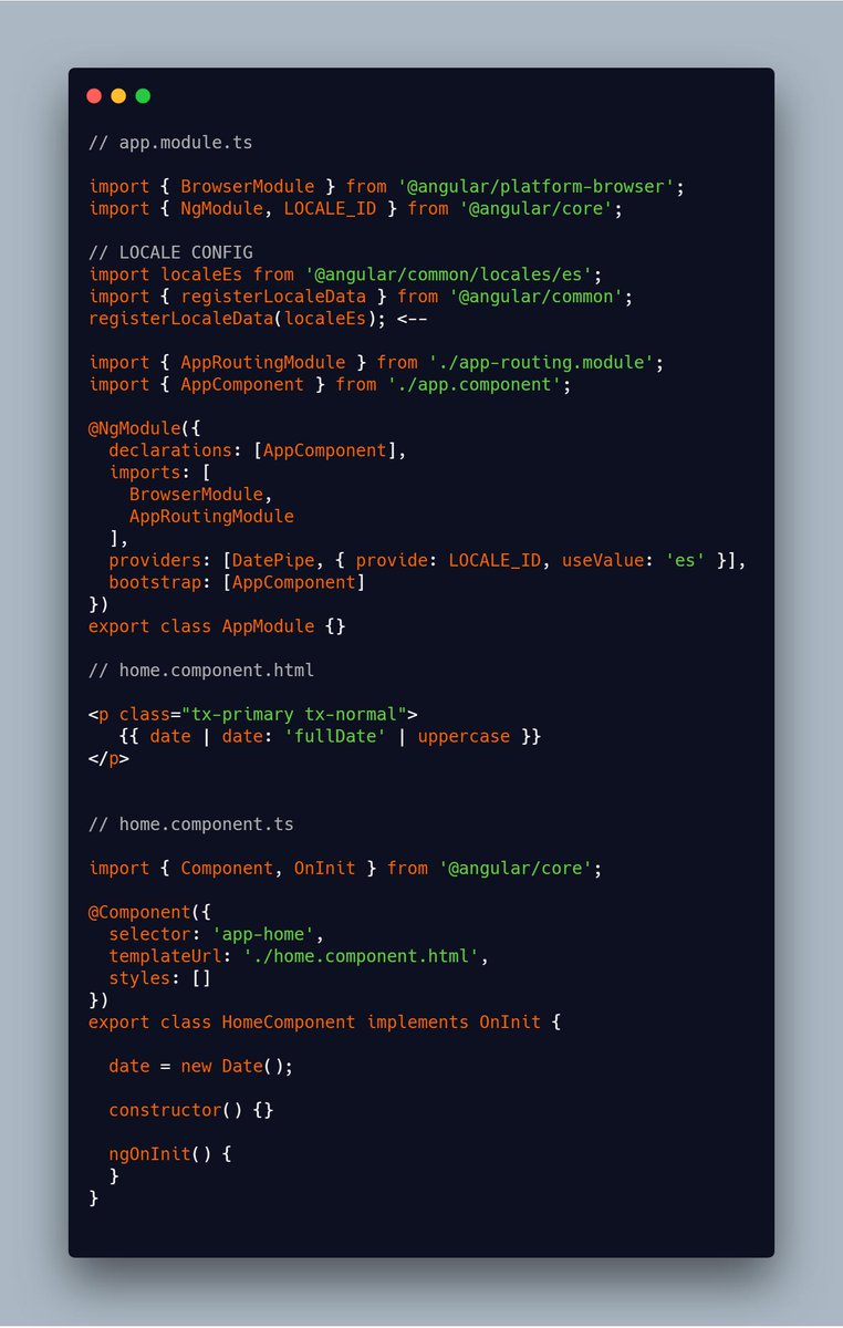 lemmusm's tweet image. #AngularTip Angular date and currency pipes is default on locale 'en-US', you can change this in app.module.ts. Example, if you lives on México:
#Angular #AngularPipe #coding #programming