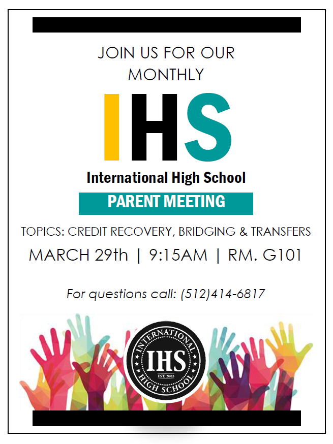 AISD_IWC's tweet photo. @InternationalHS Parents please join us for our monthly parent meeting tomorrow @ 9:15 AM. 

Atención padres de la Ecuela Internacional: Acompáñenos para nuestra reunión mensual de padres mañana a las 9:15 AM. https://t.co/3QrfXfQgGi