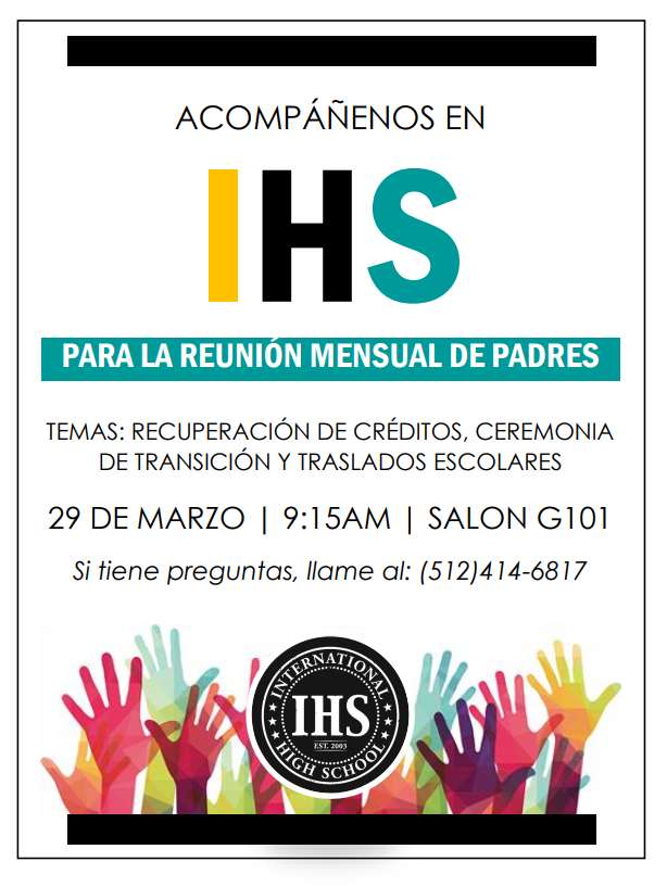 AISD_IWC's tweet photo. @InternationalHS Parents please join us for our monthly parent meeting tomorrow @ 9:15 AM. 

Atención padres de la Ecuela Internacional: Acompáñenos para nuestra reunión mensual de padres mañana a las 9:15 AM. https://t.co/3QrfXfQgGi