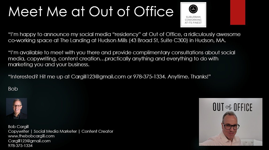 I’m happy to announce my #socialmedia “residency” at <a href="/OutOfOfficeCo/">Out Of Office</a>, a ridiculously awesome #coworking space in #Hudson.

I’m available to meet with you there and talk about social media, #copywriting, #content creation, #marketing, you name it.

Interested? Hit me up! Anytime!
