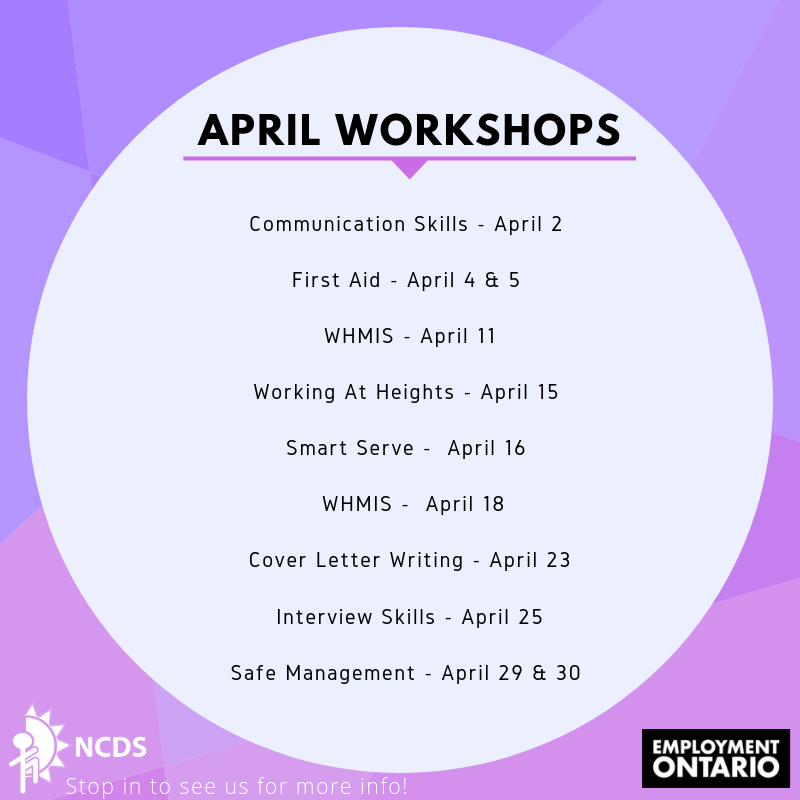 NCDS4Jobs's tweet photo. Want to sign up for one of our FREE workshops? Give us a call at (807) 274-2282 or stop by our office.
For fee-based workshops, payments must be made in full to secure your spot. https://t.co/yj6a82abhG