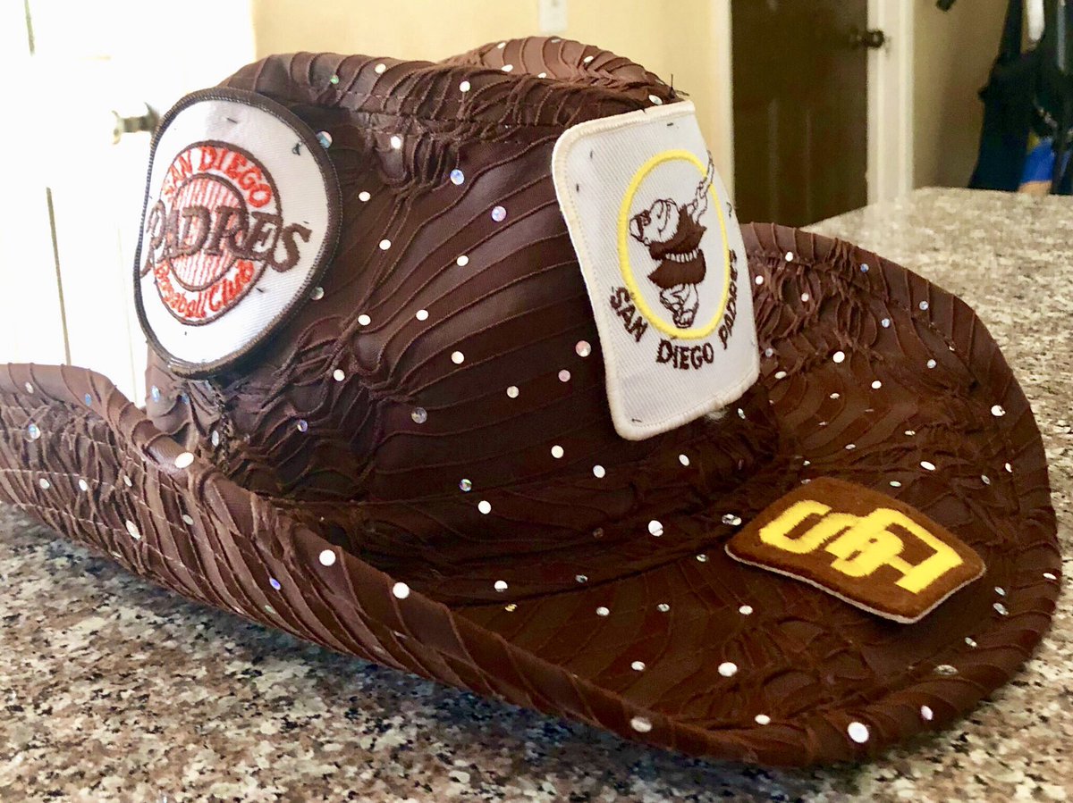 MarieCoronelSD's tweet photo. Credit goes to my mom for stitching up my new “The Sheriff” Chris Paddack inspired @Padres Cowgirl hat.  Love the old school patches.  As the Friars enter a new era on #SDOpeningDay, have fun San Diego &amp; beat San Francisco!   #SFvSD https://t.co/UpD9Cr8njB