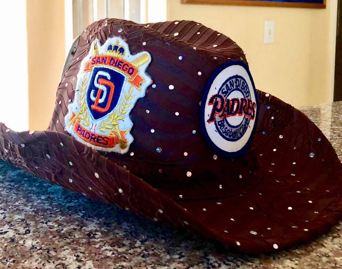 MarieCoronelSD's tweet photo. Credit goes to my mom for stitching up my new “The Sheriff” Chris Paddack inspired @Padres Cowgirl hat.  Love the old school patches.  As the Friars enter a new era on #SDOpeningDay, have fun San Diego &amp; beat San Francisco!   #SFvSD https://t.co/UpD9Cr8njB