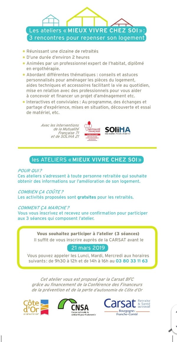 Celia_Berthaut's tweet photo. Cette semaine démarrage des ateliers Mieux vivre chez soi de la @CarsatBFC animés par une ergothérapeute de la Mutfrançaise71. Expérimentation à destination des retraités pour les informer sur les adaptations possibles de leur logement. #prévention #bienvieillir #habitat https://t.co/2jMIugoKUz