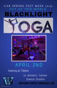 lasellcab's tweet photo. Like I said two events Tuesday! Second Event is Blacklight Yoga! This will start at 7:30pm in the Dance Studio (located on the bottom floor of the Athletic Center).
#OutofThisWorld
#lasellcabspringweek19 https://t.co/K1LSAGqlIa
