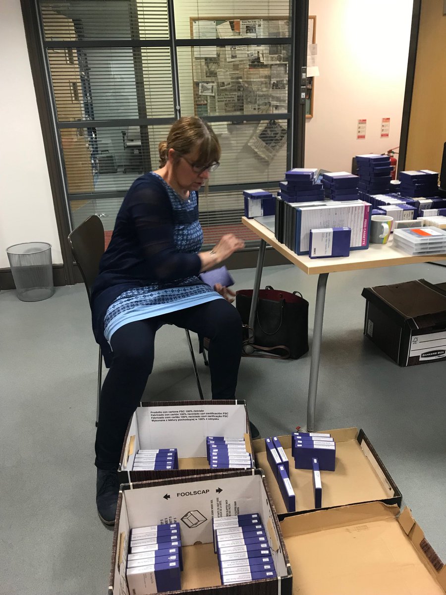 sjhowdo's tweet photo. Sshh, archivist at work. Our ⁦@YorkshireFilm⁩ Chair, ⁦@ClareMorrow⁩ lending a hand in re-organising and cataloguing tape collections. https://t.co/dKmdUkgWCp