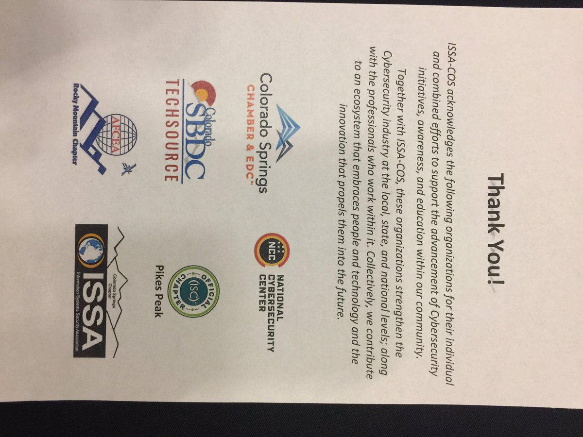 cosbdcpikespeak's tweet photo. 6th Annual Cyber Focus Day is today with the Colorado Springs Chapter of ISSA. Community partners on site @CSCEDC @NATLCyberCenter @ISC2 @ColoradoSBDC #SBDCTechSource #CyberCYA https://t.co/WLySau6uwg
