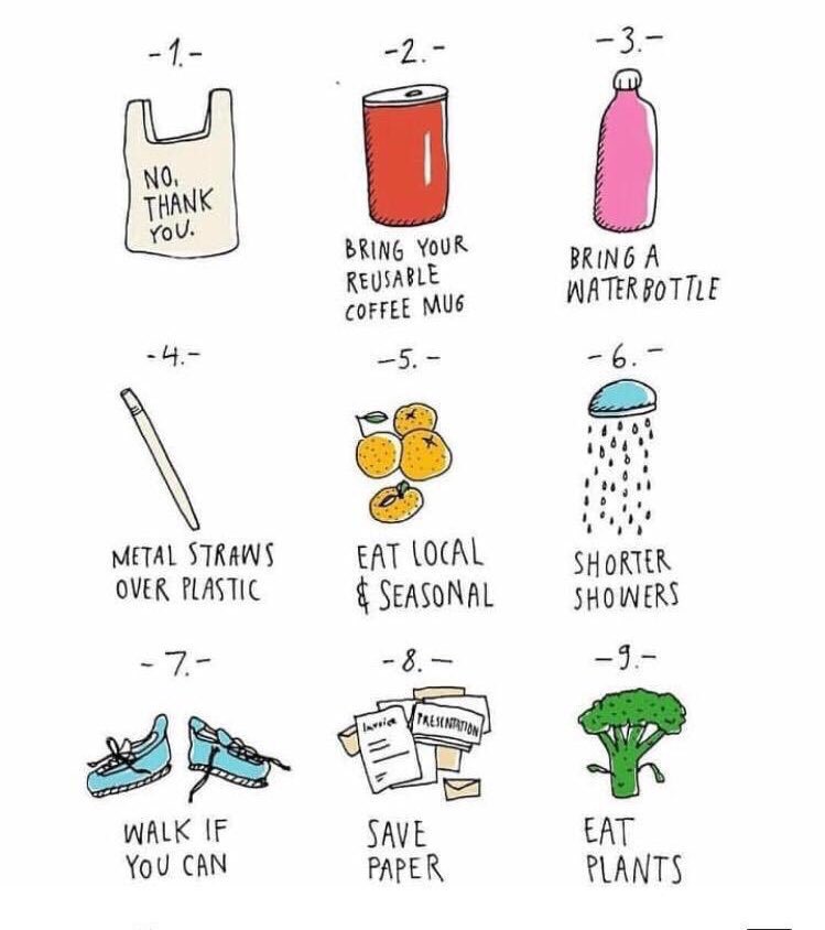 SDG2030's tweet photo. How to be more sustainable in everyday life? 

No Plastic Bags ♻️
Bring a water bottle 🧂
Metal straw over plastic ➖
Eat local and seasonal  🥔
Walk more🚶‍♀️ 
Save paper 📝 
Eat plants 🌱 
Save electricity ⚡️ 
Save Water 🚰
@UN_PGA 

#ClimateAction 

@deespeak @AidanRGallagher https://t.co/ArHES0HJ5j