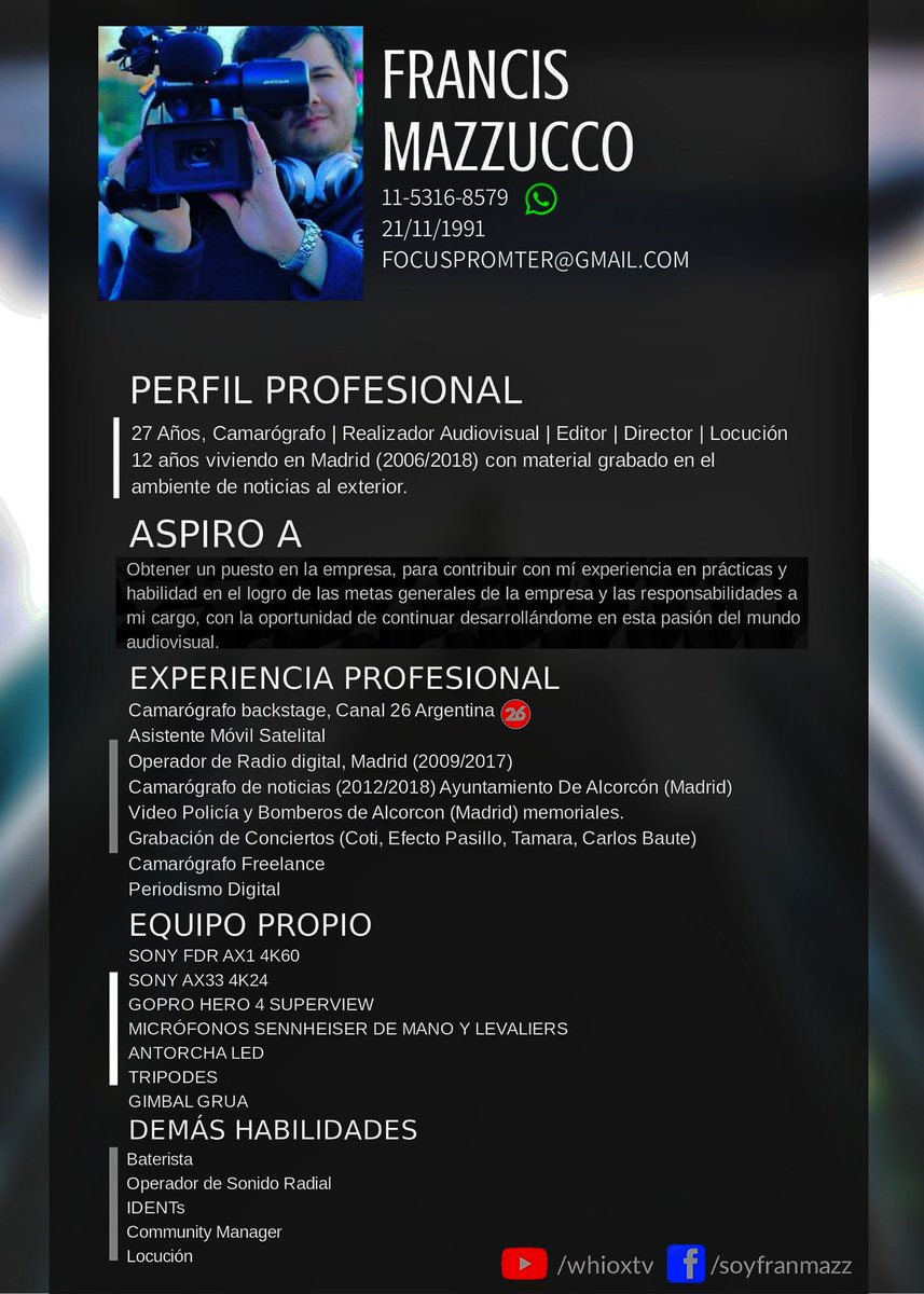 FranMazz's tweet photo. Llegué de Madrid hace 2 meses a Buenos Aires🇦🇷

Adjunto mí CV

Camarógrafo y Realizador Audiovisual.🎥

Necesito trabajar en este apasionante mundo audiovisual.

Les algunos trabajos
https://t.co/ZF34Sj8FTJ @AmericaTV 

https://t.co/Vg1577c6sz
@CronicaTV 

https://t.co/jlPadKoVcR https://t.co/8shYcsALoN